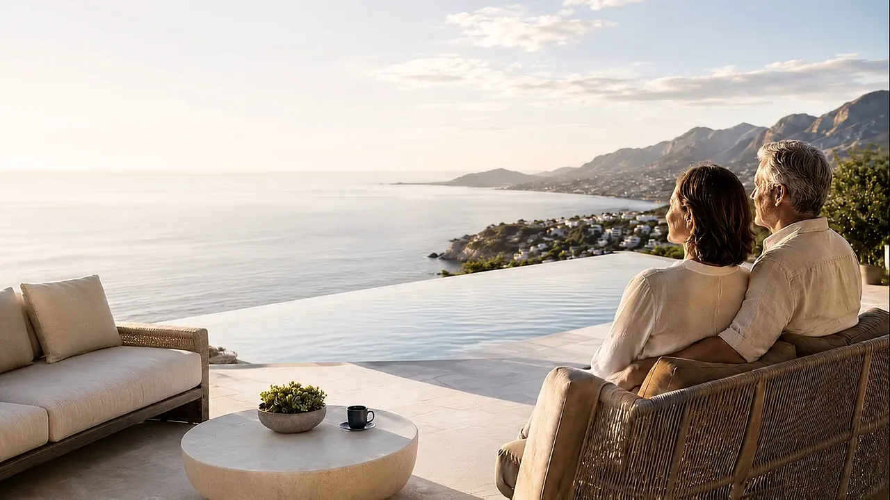 Una terraza sobre una bahía a la última hora de la tarde: el agua en calma, la costa al fondo y una pareja sentada de espaldas, mirando al mar.
